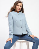 Madame Blue Crew Neck Buttoned Short Coat