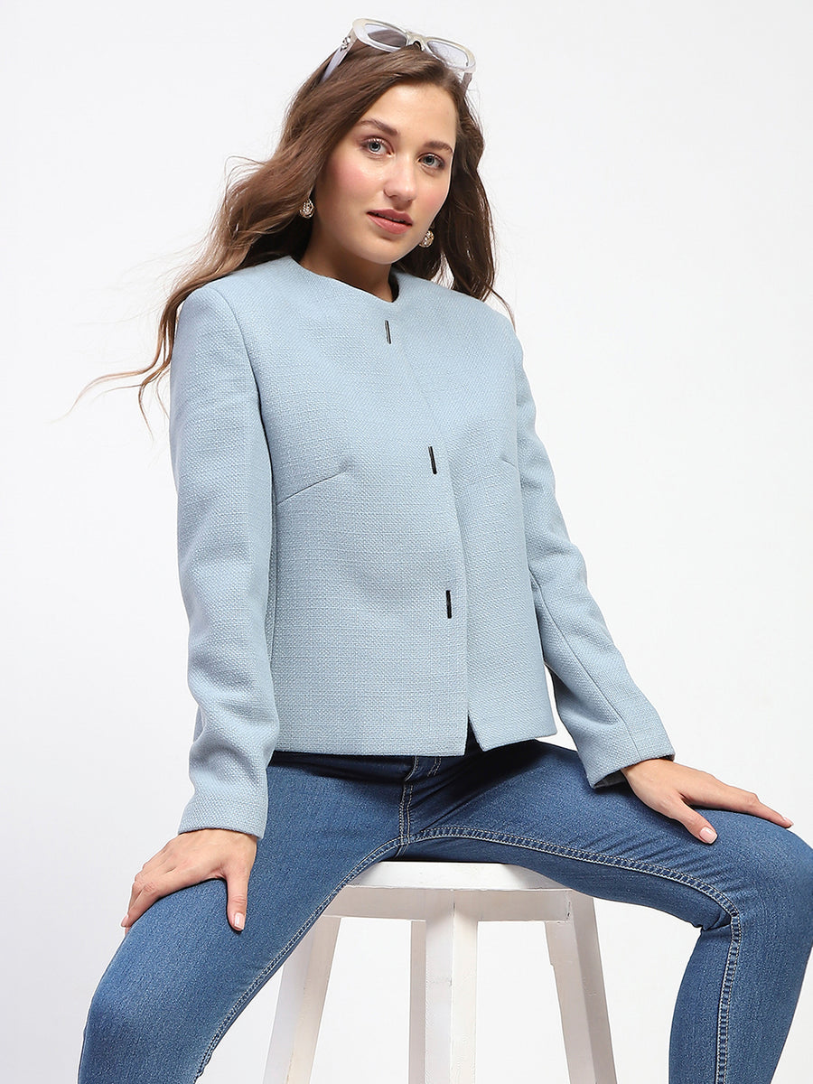 Madame Blue Crew Neck Buttoned Short Coat