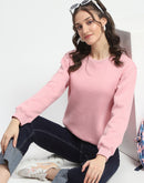 Madame Solid Light Pink Crew Neck Cotton Sweatshirt