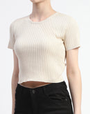 Madame Solid Beige Ribbed Crew Neck Crop Top