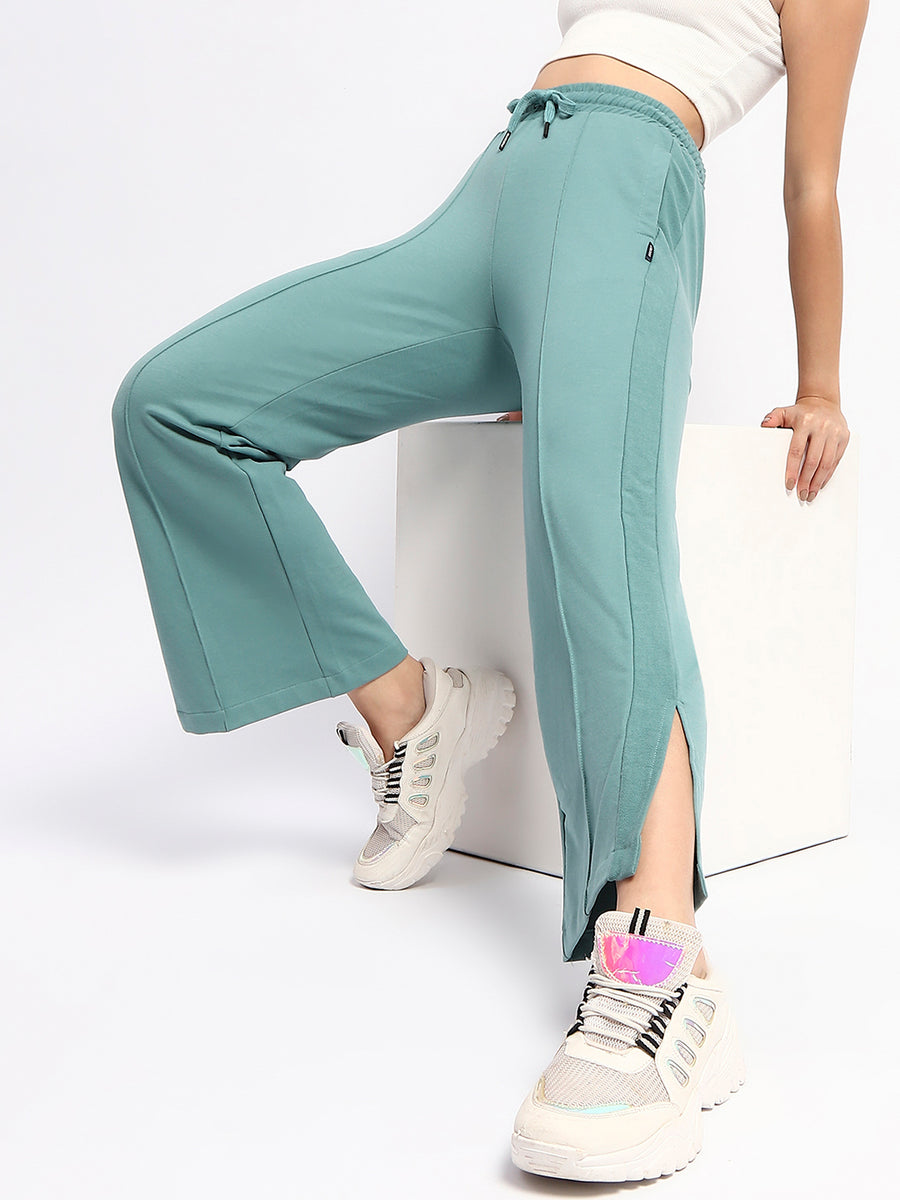 mSECRET Drawstring Waist Pleated Solid Green Bootcut Cotton Track Bottoms