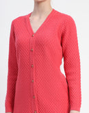 Madame Solid Coral Cable Knit Full Sleeve Cardigan