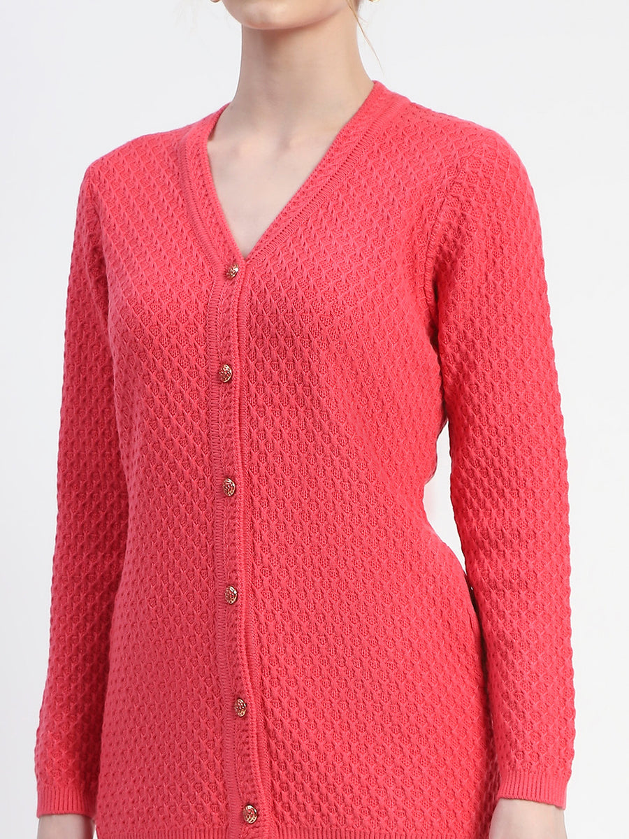 Madame Solid Coral Cable Knit Full Sleeve Cardigan