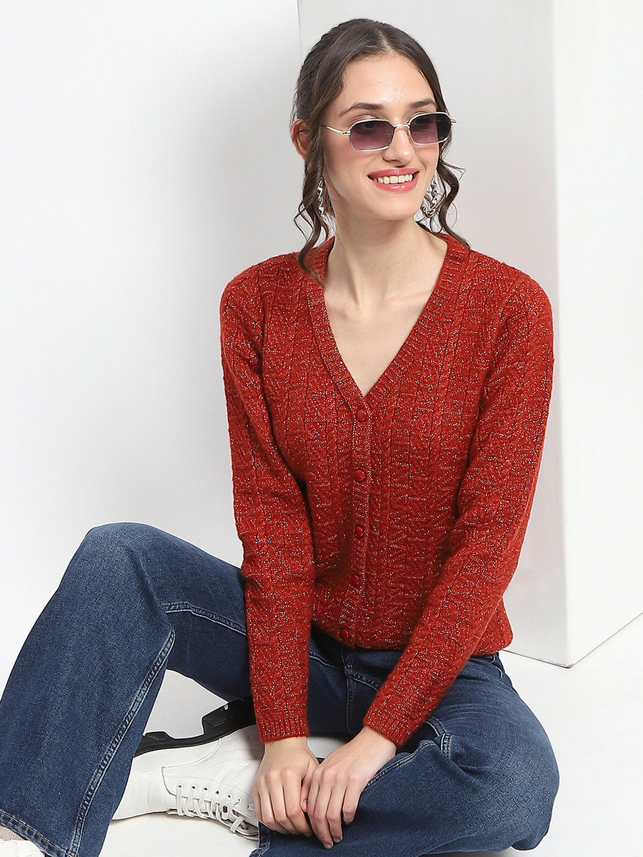 Madame Crew Neck Solid Rust Cardigan