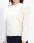 Madame Schilffli Adorned Ruffle Neck Off White Cotton Top