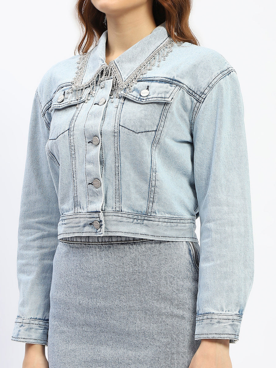 Madame Embellished Collar Blue Denim Jacket