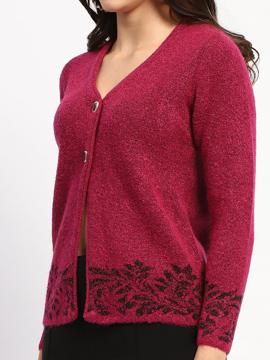 Madame Cable Knit Botanical Print Buttoned Fuschia Cardigan