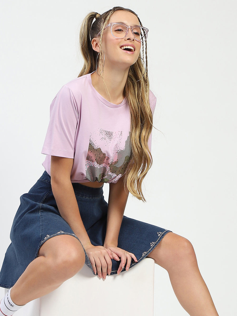 Madame Lilac Cotton Graphic Print T-Shirt