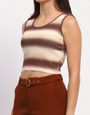 Madame Striped Sleeveless Cotton Brown Crop Sweater