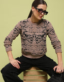 Madame Printed Crew Neck Full Sleeve Brown Sweater