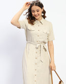 Madame Viscose Blend Belted Button Down Beige Shirt Dress