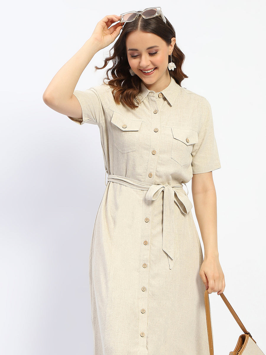 Madame Viscose Blend Belted Button Down Beige Shirt Dress