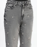 Madame Embellished Gray Wash Straight Fit Black Denim