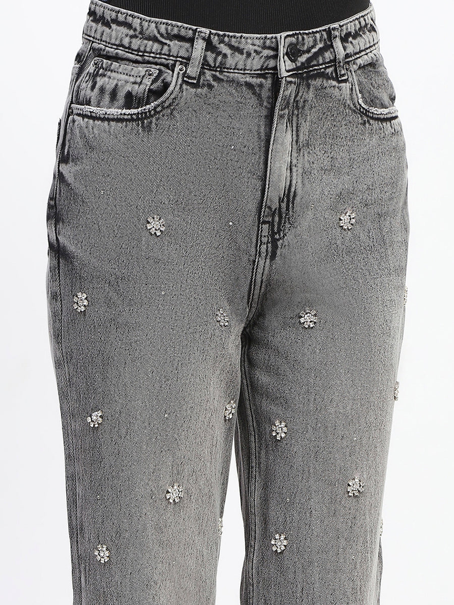 Madame Embellished Gray Wash Straight Fit Black Denim