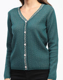 Madame Geometric Pattern V Neck Green Cardigan