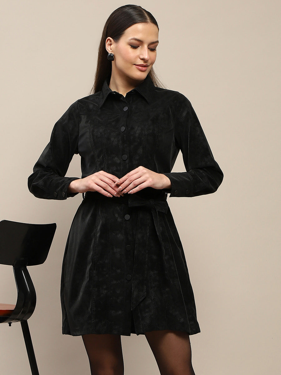 Madame Belted Button Down Black Mini Shirt Dress