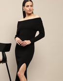 Madame Off Shoulder Side Slit Black Bodycon Midi Dress