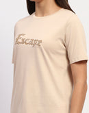 Madame Typography Print Crew Neck Cotton Beige Top