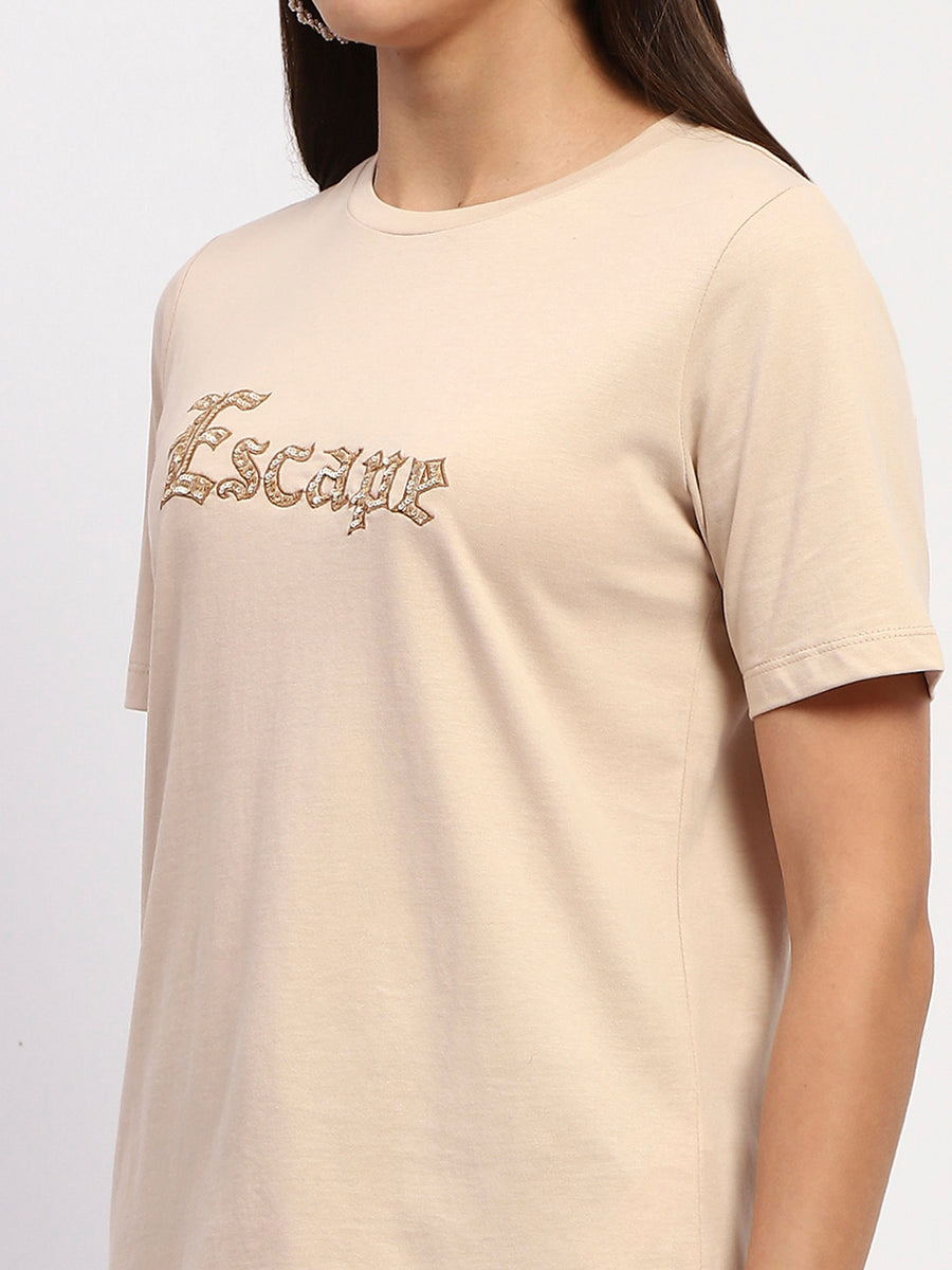 Madame Typography Print Crew Neck Cotton Beige Top