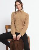 Madame Button Down Cable Knit Solid Khaki Cardigan