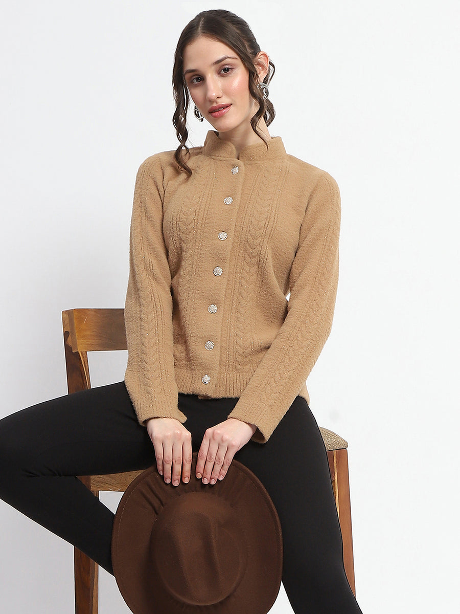 Madame Button Down Cable Knit Solid Khaki Cardigan