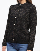 Madame Black Shimmer Printed Buttoned Cardigan