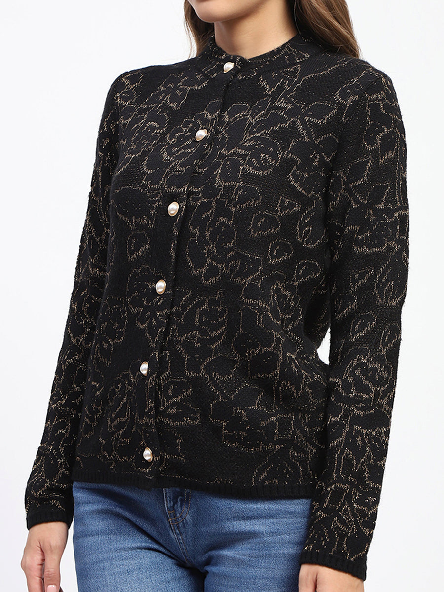 Madame Black Shimmer Printed Buttoned Cardigan