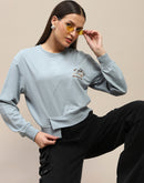 Madame Cotton Embroidery Detailed Light Sky Crop Sweatshirt