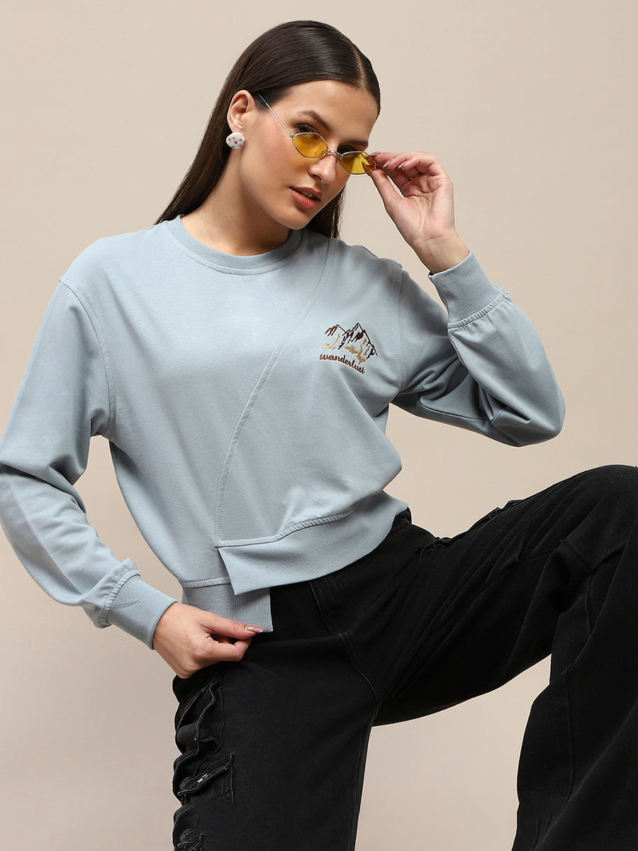 Madame Cotton Embroidery Detailed Light Sky Crop Sweatshirt