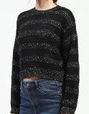 Madame Black Striped Cropped Sweater with Sparkle Detailing