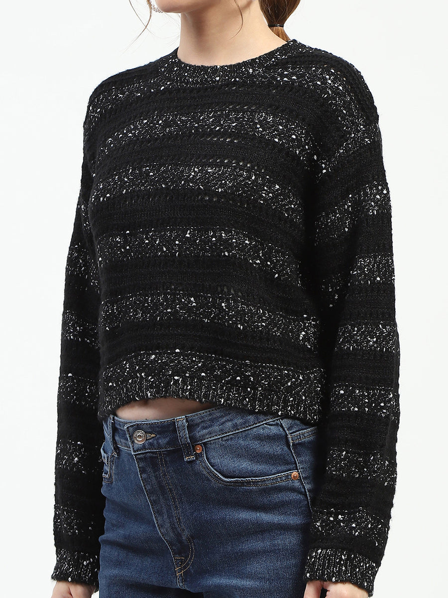 Madame Black Striped Cropped Sweater with Sparkle Detailing