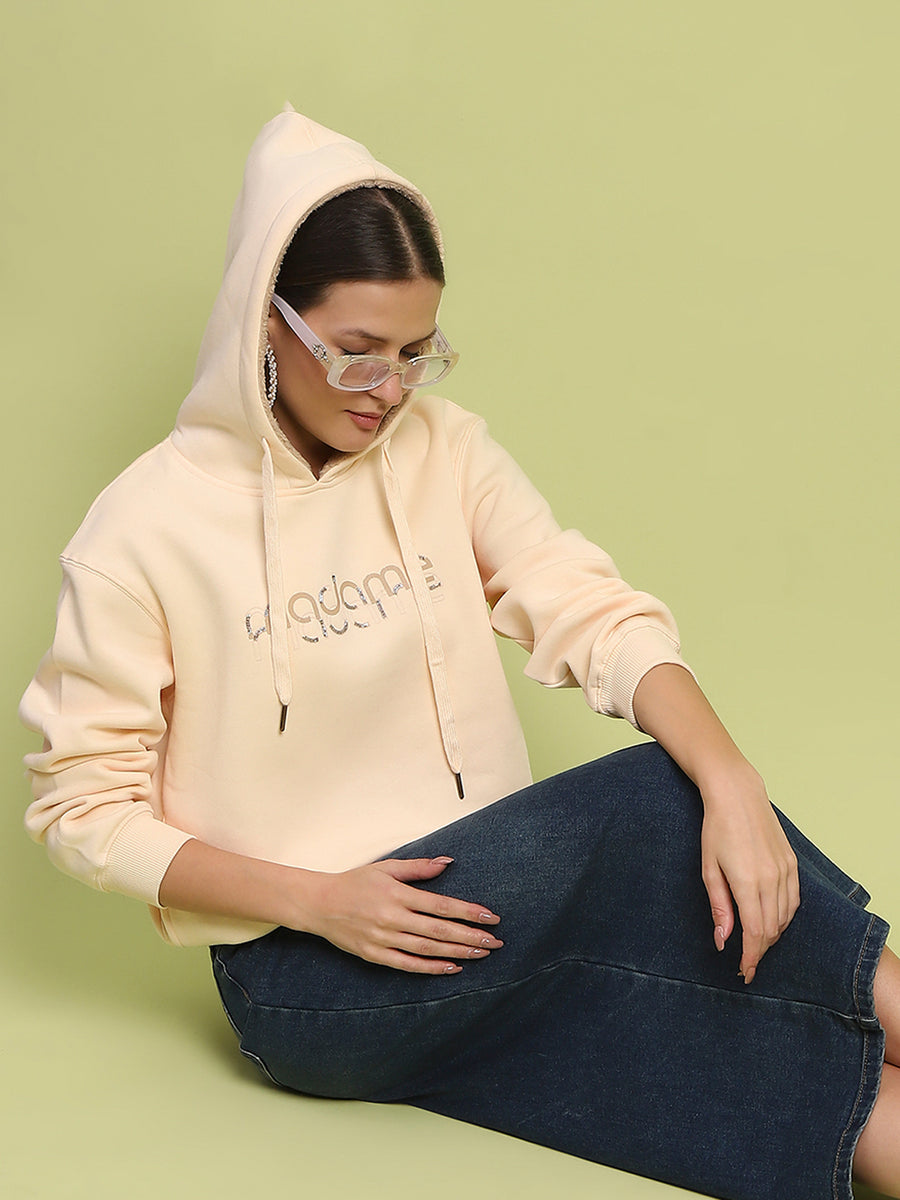 Madame Typography Print Hooded Beige Cotton Sweatshirt