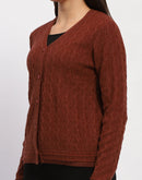 Madame Button Down Cable Knit V Neck Solid Rust Red Cardigan