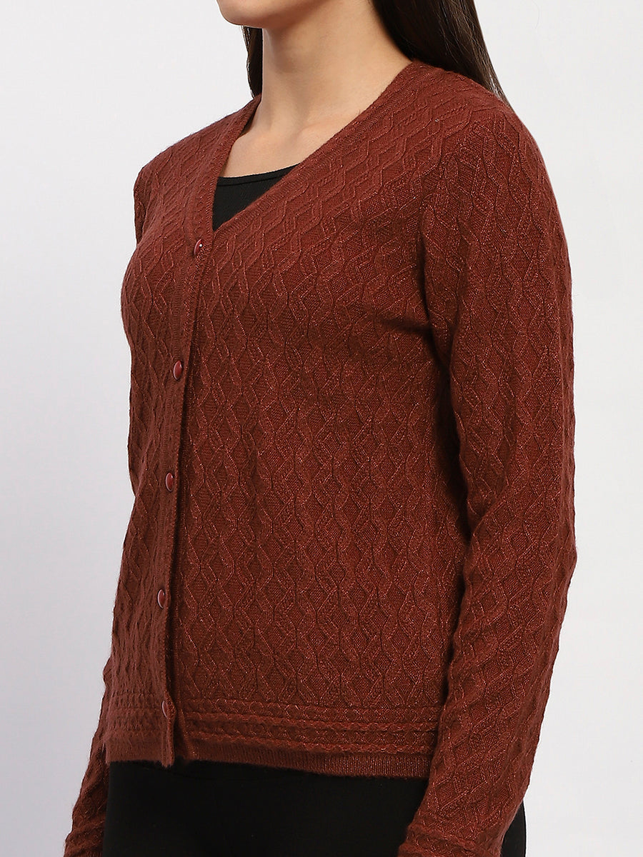 Madame Button Down Cable Knit V Neck Solid Rust Red Cardigan