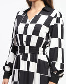 Madame Viscose Chessboard Print Cinched Waist Black Dress