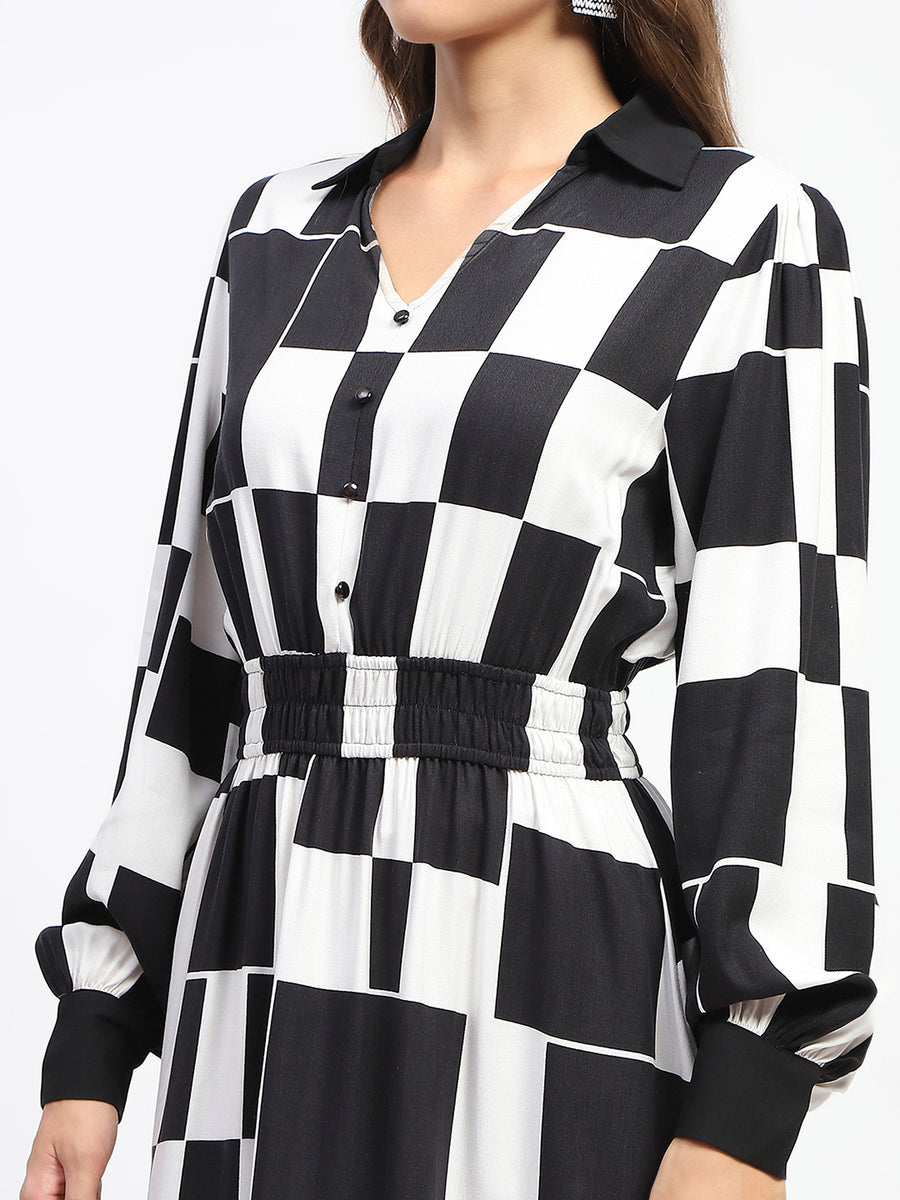 Madame Viscose Chessboard Print Cinched Waist Black Dress