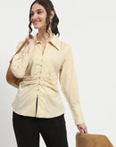 Madame Ruched Waist Wing Necked Solid Beige Cotton Shirt