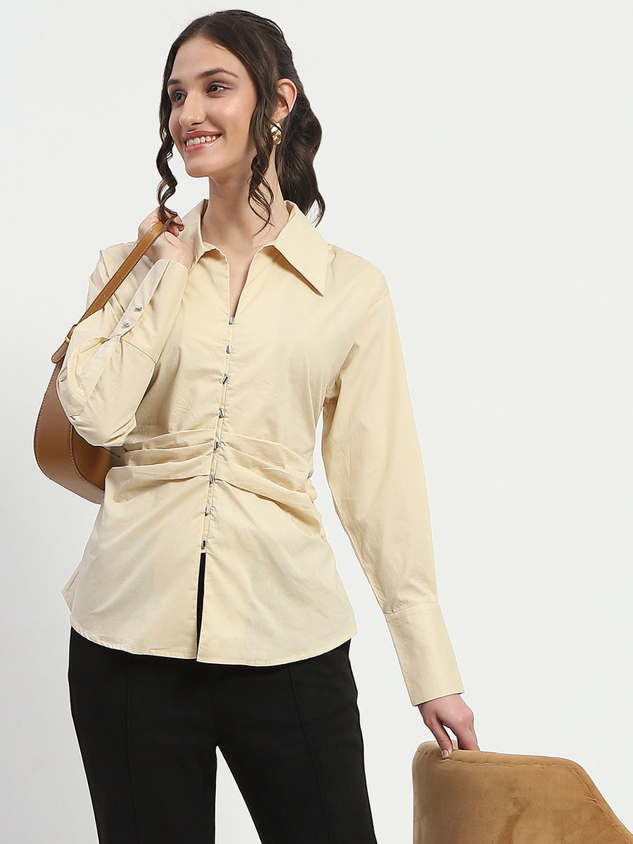 Madame Ruched Waist Wing Necked Solid Beige Cotton Shirt