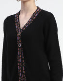 Madame Colorful Embroidered Trim V-Neck Black Cardigan