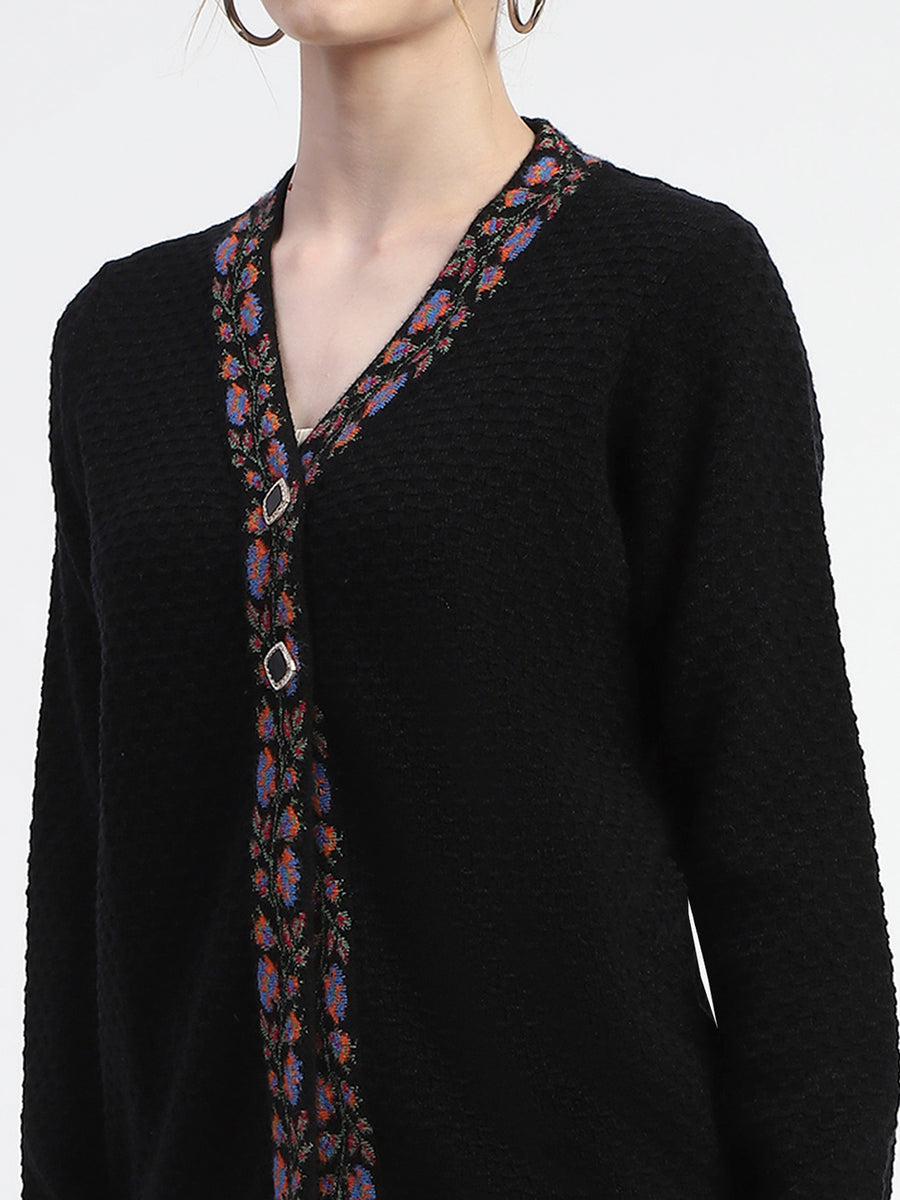 Madame Colorful Embroidered Trim V-Neck Black Cardigan