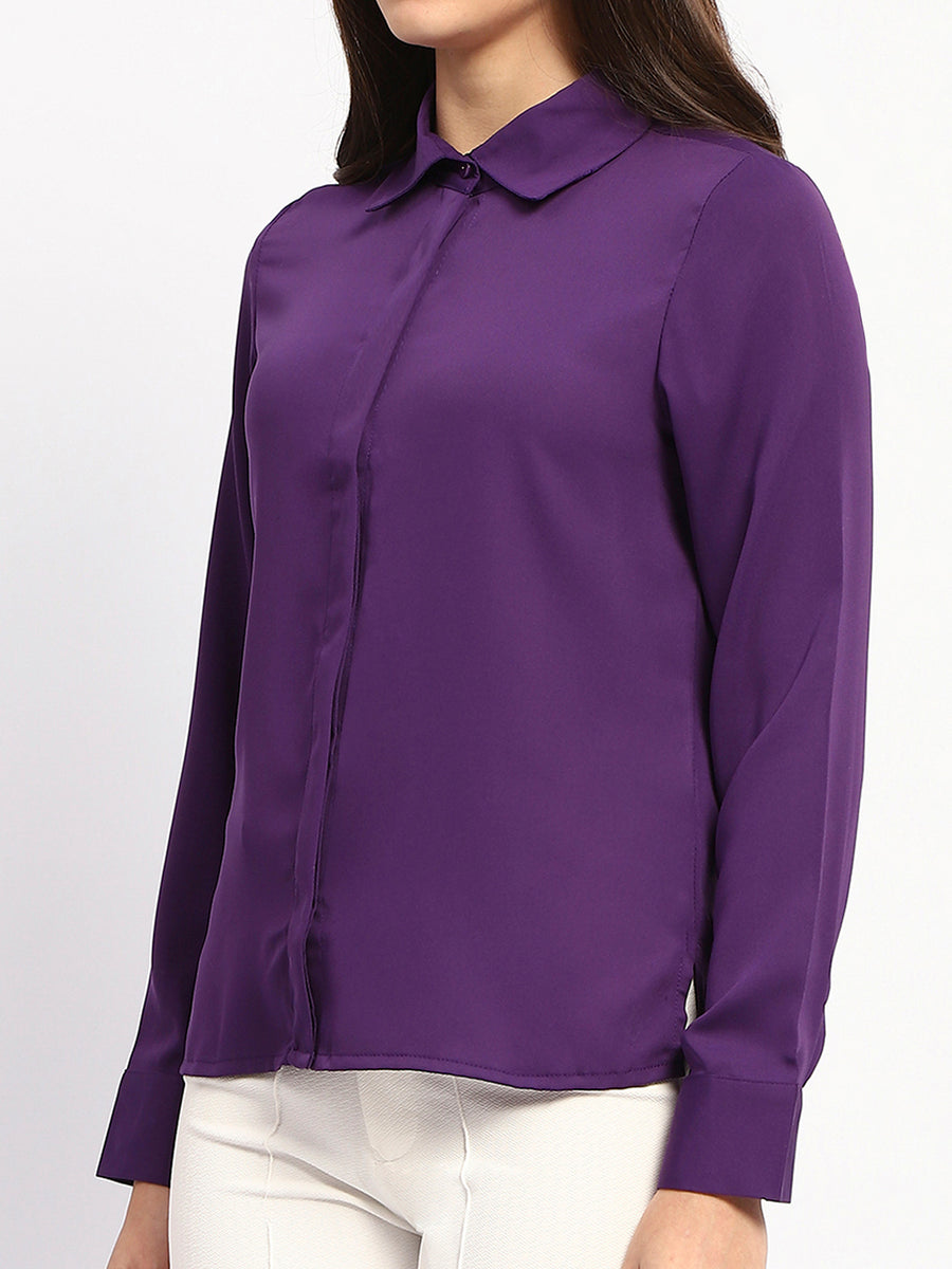 Madame Solid Purple Cuff Sleeve Shirt