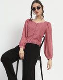 Madame Floral Print Queen Anne Neck Buttoned Pink Top