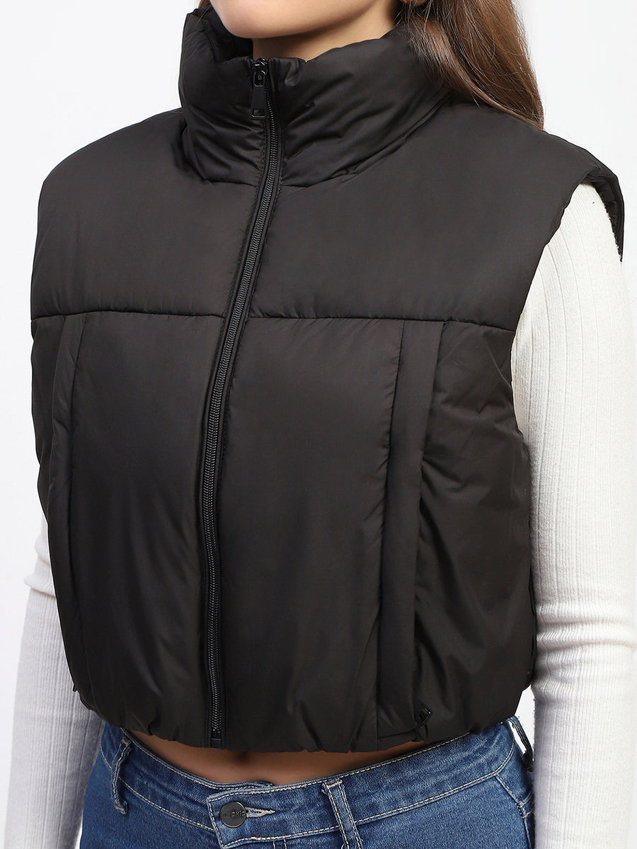 Madame High Neck Sleeveless Black Crop Puffer Jacket