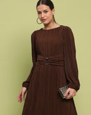 Madame Pleated Front Buckle Detailed Solid Chocolate Maxi Dress