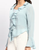 Madame Solid Sky Blue Ruffle Neck Bell Sleeve Top