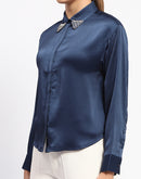 Madame Embellished Collar Cuff Sleeve Solid Teal Shirt