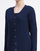 Madame Solid Navy Blue Cable Knit Full Sleeve Cardigan