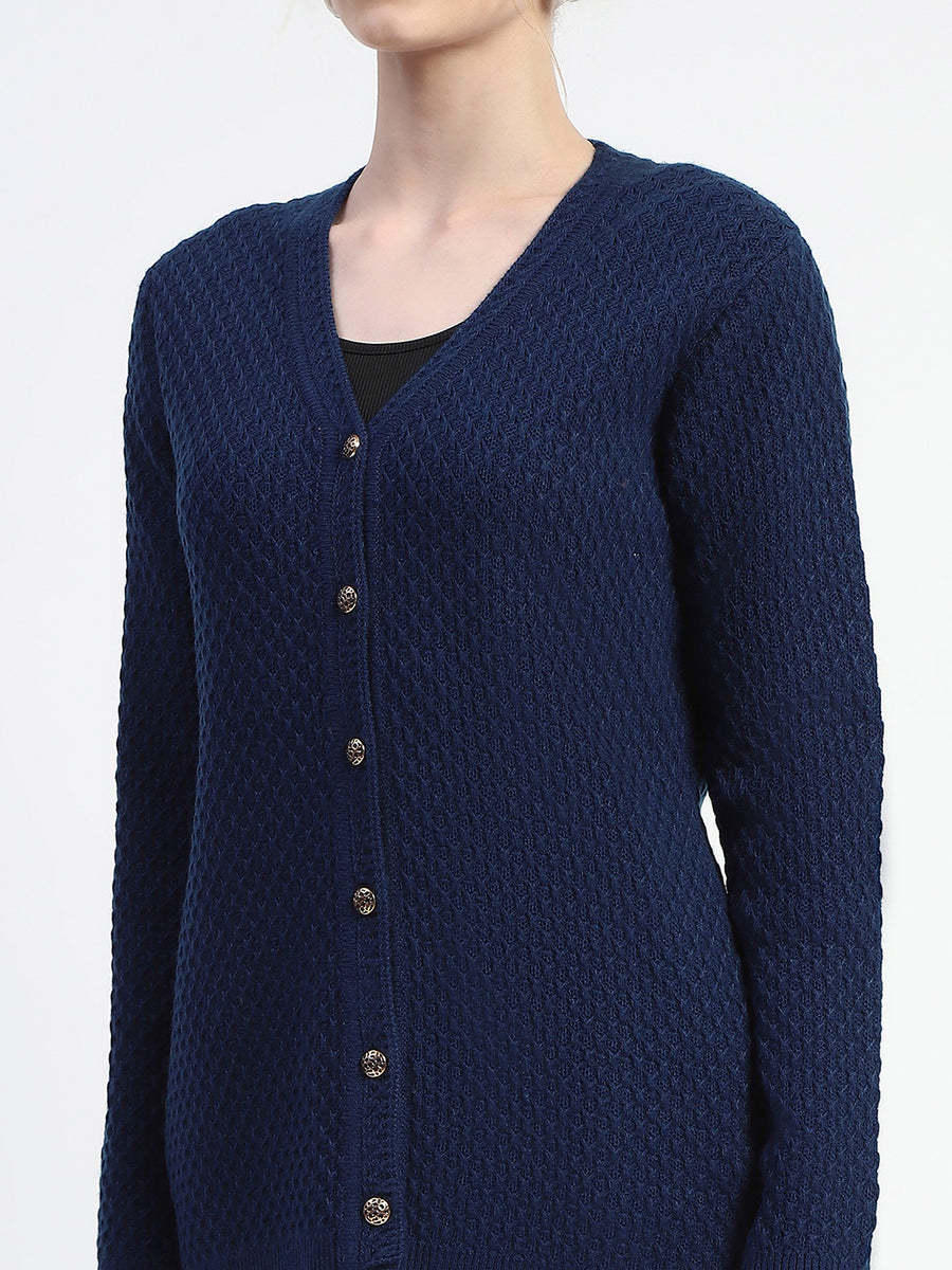 Madame Solid Navy Blue Cable Knit Full Sleeve Cardigan