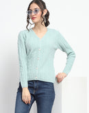 Madame Cable Knit Self Design Solid Mint Green Acrylic Cardigan