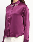 Madame Embellished Collar Cuff Sleeve Solid Purple Shirt